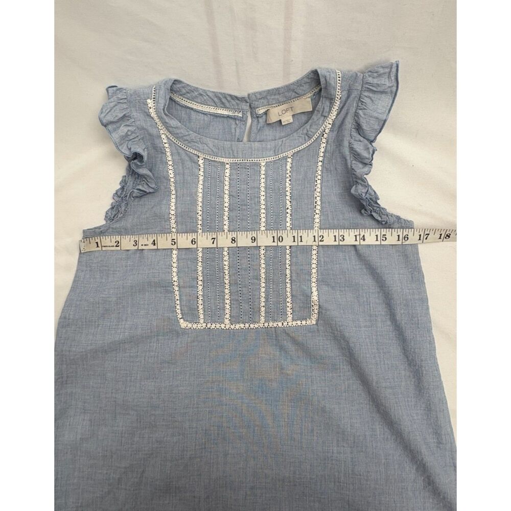 Loft Blue Ruffles Blouse Top Sze XS Cottagecore Vintage Retro Peasant Sleeveless - Picture 9 of 10